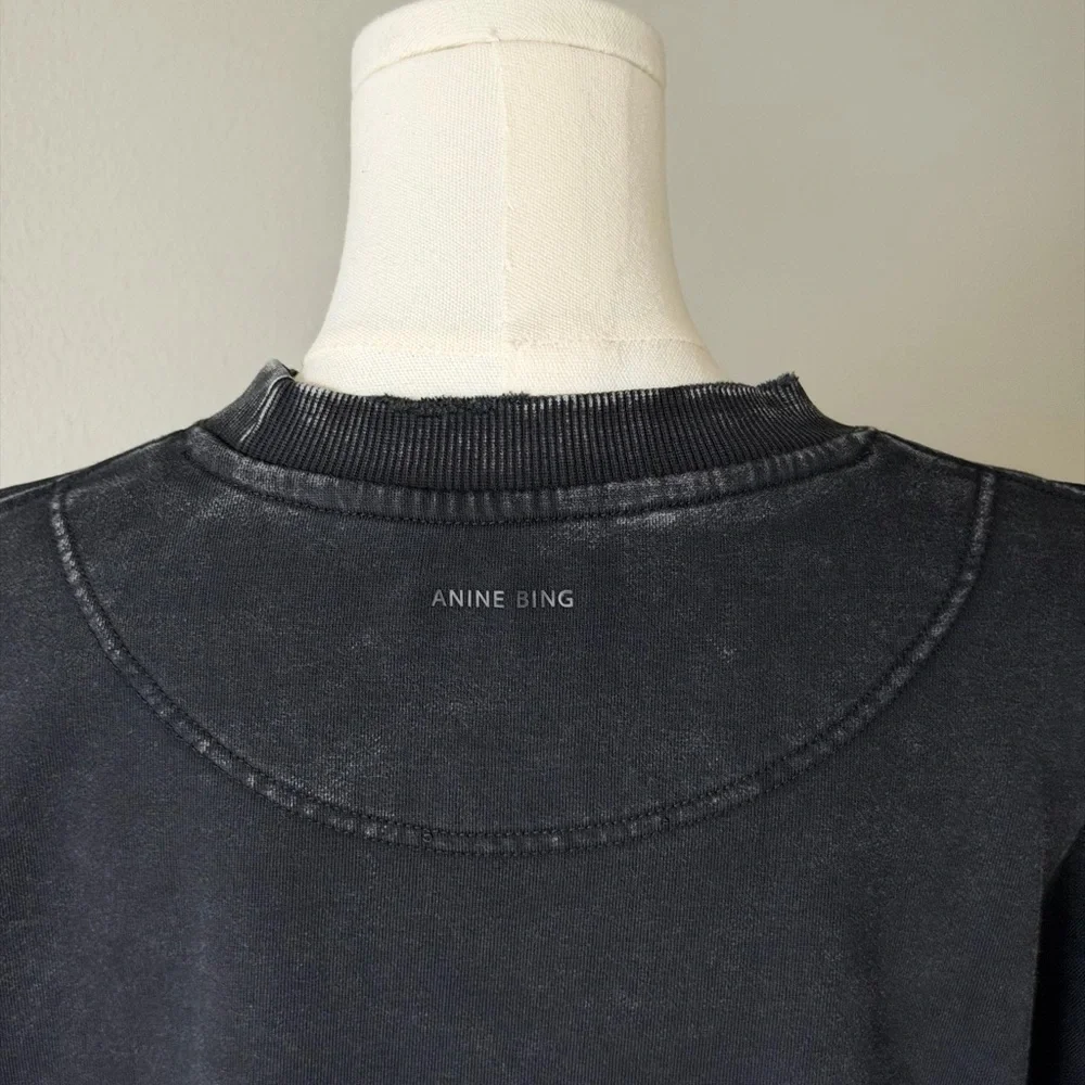Anine Bing Tyler Cotton Logo Washed Black Crew Neck Sweatshirt-Scandi Girl Style - Picture 8 of 16